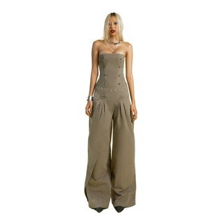 Puzzle Double Breasted Strapless Jumpsuit - Jumpsuit kaki cúp ngực ống rộng vạt đắp