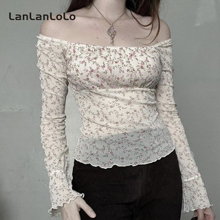 Lanlanlo Nữ 2024 Rời Vai Dài Tay Thời Trang Lưới Gợi Cảm Nhìn Xuyên Qua In Hình Áo Thun
