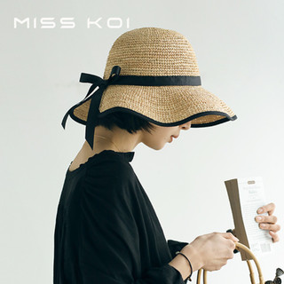 Misskoi  Mũ Rơm Raffia Phong Cách Hepburn Nữ Kỳ Nghỉ Mùa Hè Mũ Đi Biển Chia Nơ Du Lịch Mũ Chống Nắng