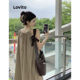 Đầm Lovito xếp nếp màu trơn phong cách thường ngày cho nữ LNA55180