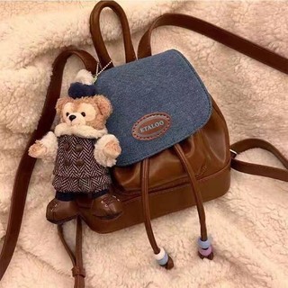 Retro Tất Cả Trận Đấu Denim Khâu Ba Lô Mùa Hè 2023 Phong Cách Mới Sinh Viên Dễ Thương Sang Trọng Gấu Ba Lô Đồ Trang Trí Hợp Thời Trang