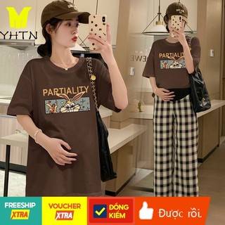 Yhtn đồ bộ bầu set quần áo bầu xinh set áo thun dáng rộng + quần dài phong cách mới cho mẹ bầu
