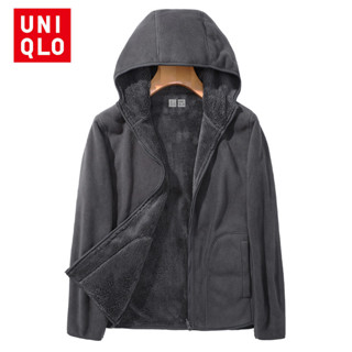 Uniqlo 2024 Áo khoác giữ nhiệt mùa đông có mũ trùm đầu mới có dây kéo Cashmere có thể đảo ngược cho nam