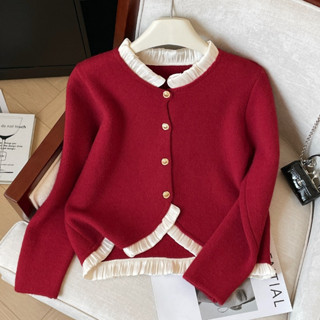 Áo khoác dệt kim màu đỏ Áo cardigan Áo len viền bèo khí chất mẫu mới mùa thu cho nữ