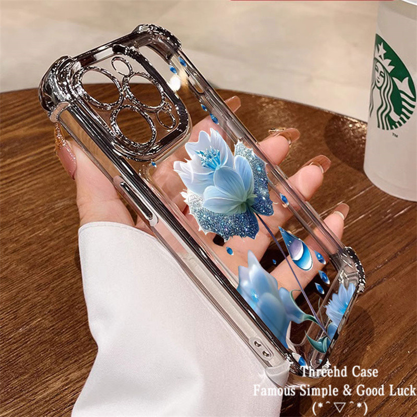 Vỏ Tương Thích Cho IPhone 11 XR 15 14 13 12 Pro Max 7 8 Plus SE 2020 X Xs Max Sang Trọng Bốn Góc Túi Khí Ống Kính Phim Vỏ Bảo Vệ Hoa Xanh Nghệ Thuật Ốp điện thoại TPU