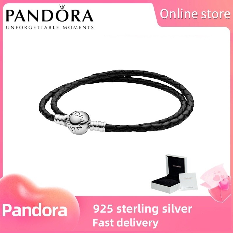 Vòng tay Pandora bạc S925 da đen đôi