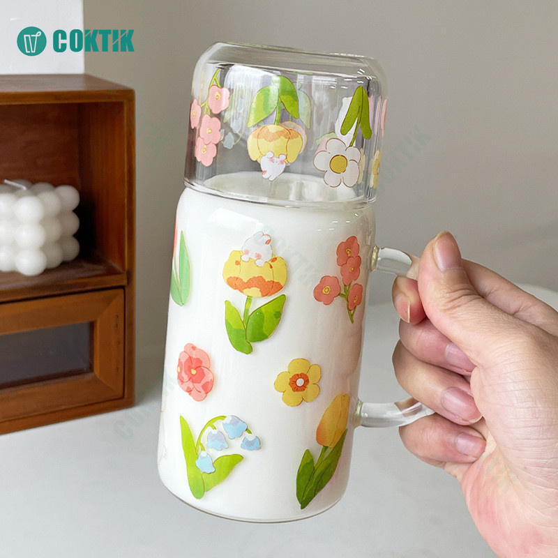 COKTIK 550ml Bộ Ấm Trà Bằng Thủy Tinh Cỡ Lớn Họa Tiết Hoa Xinh Xắn