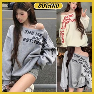 áo nỉ sweater nữ trễ vai in chữ  áo hoodie lệch vai dài tay form rộng phong cách Hàn Quốc A195 SUTANO