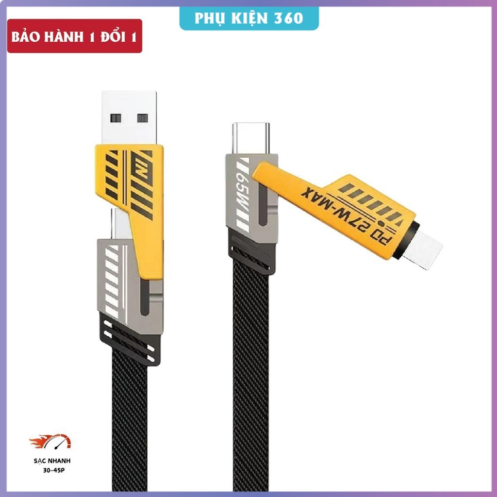 Cáp sạc 4 in 1, Dây sạc nhanh 4 đầu 65W. Dây dù, đầu cáp kim loại, chống gẫy. Dây sạc điện thoại, Dâ