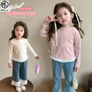   ML  90-140CM Áo Thun Nơ Bé Gái Xuân Thu Phong Cách Mới Thời Trang Trẻ Em Dài Tay Đáy Áo Sơ Mi Thời Trang Phiên Bản Hàn Quốc Top Phù Hợp 