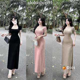 đầm cổ vuông tay ngắn viền ren dáng dài tiểu thư chất tăm lạnh dày xịn, đầm thun body siêu tôn dáng alohashop91