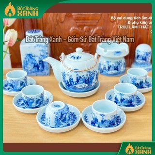 Bộ ấm chén men lam quai đồng "trúc lâm thất hiền""long ẩn" cao cấp, ấm chén men lam cao cấp