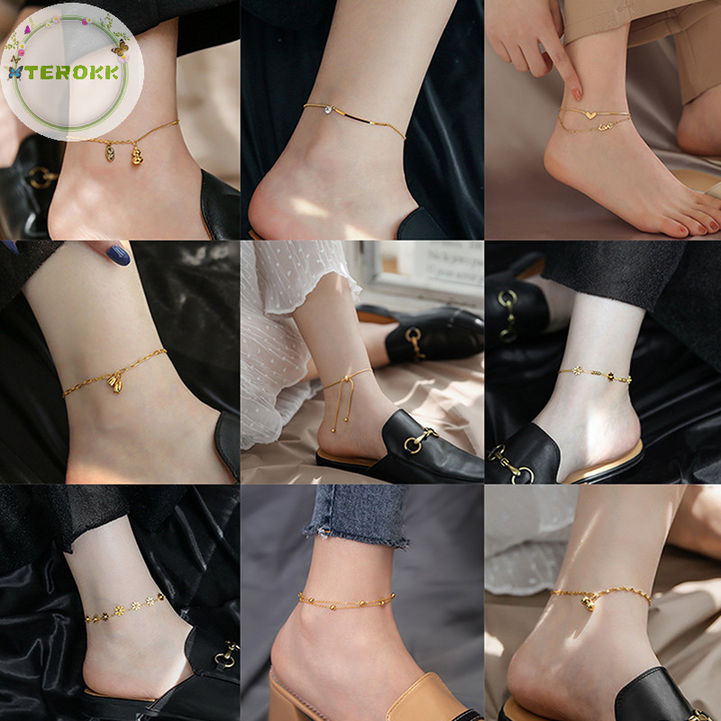 Terokk Vòng chân bằng thép titan đơn giản dành cho nữ Vòng chân 18K nâng cao thời trang Vòng chân tình yêu Phụ kiện Quà tặng VN