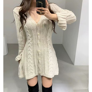 C & M Hàn Quốc Tính Khí Sang Trọng Nữ Cổ Chữ V Đơn Có Lỗ Tay Đan Đầm Mini