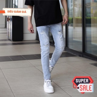 Quần jean nam rách gối co giãn slimfit màu xanh nhạt 361 5679 pon.mens