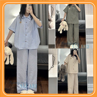 Bộ pijama kẻ caro DÁNG DÀI nhiều màu chất đũi họa tiết dễ thương phong cách hàn quốc siêu hot