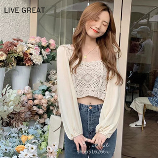 LIVE GREAT Cổ Vuông Voan Áo Nữ Tính Thêu Phong Cách Móc Dài Tay Áo