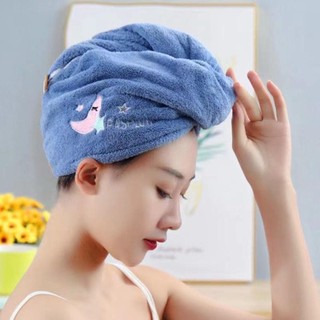 【Hwang】Khăn quấn tóc nhanh khô cotton 2 lớp - Mũ Nhung San Hô Trùm Đầu Thấm Hút Nhanh Khô Đính Nút Hình Gấu