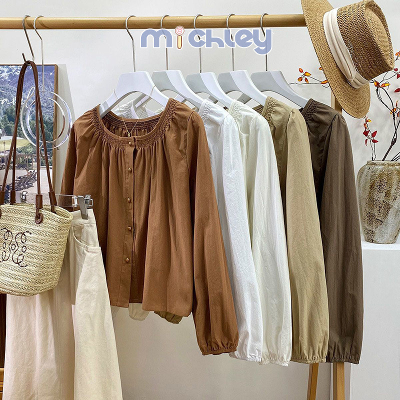 Michley Mang Thai Pháp vintage nếp nhăn cổ tròn dài tay áo sơ mi nữ Đầu thu nhẹ nhàng thời trang chất lượng mỏng búp bê áo sơ mi nhỏ hàng đầu