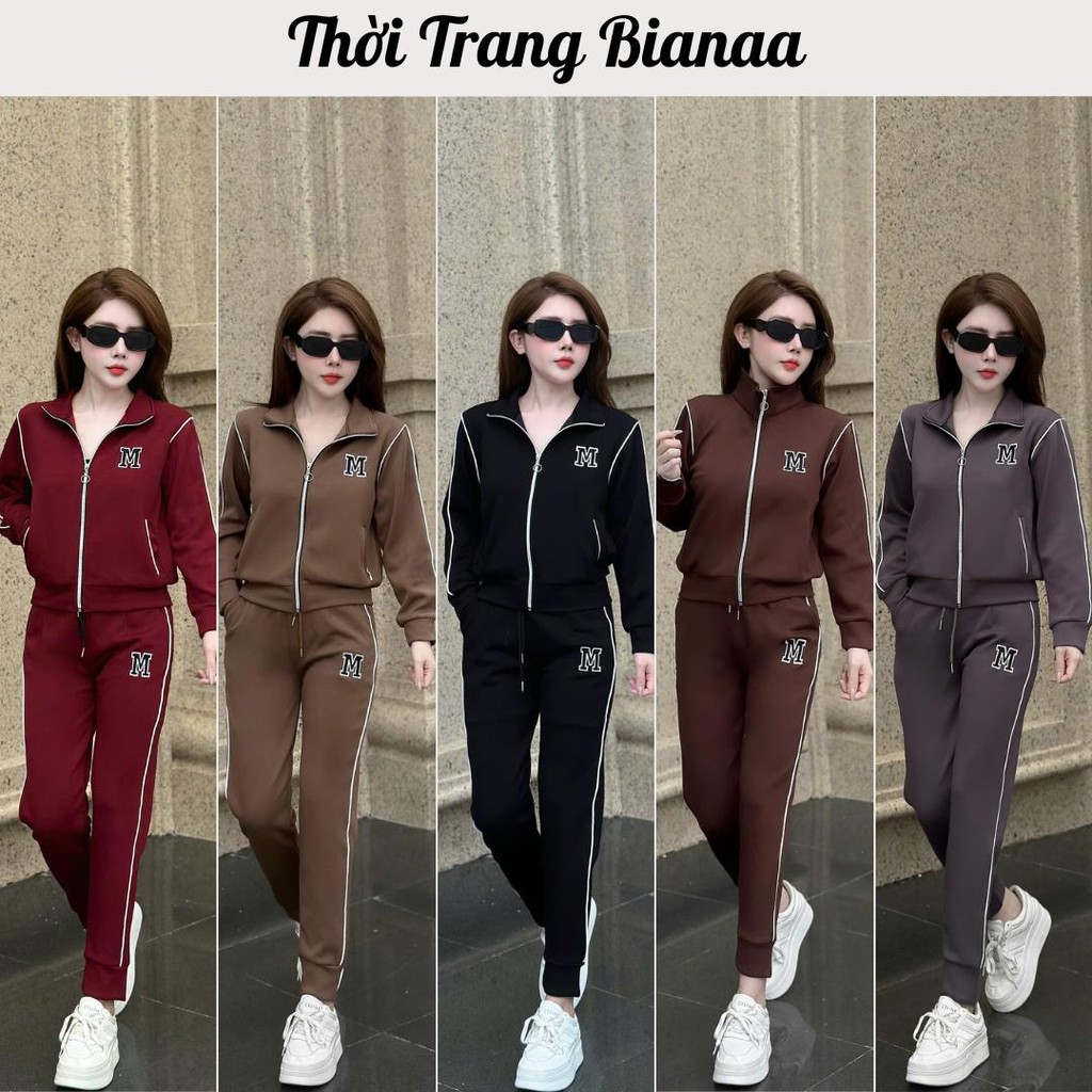 Set Bộ Nỉ Bianaa Nữ Áo Khoác Dài Tay Kém Quần Dài Bo Gấu Chất Liệu Cao Cấp Thêu Chữ M