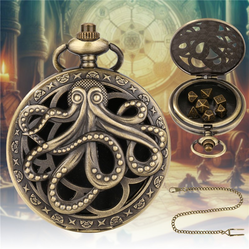Retro Hollow Octopus Pocket Watch Case with 7pcs Polyhedral Dice DND Game Accessory