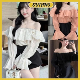 áo trễ vai nữ dài tay tơ nhăn cổ đính đá tiểu thư cao cấp áo kiểu nữ trễ vai bánh bèo A45 SUTANO