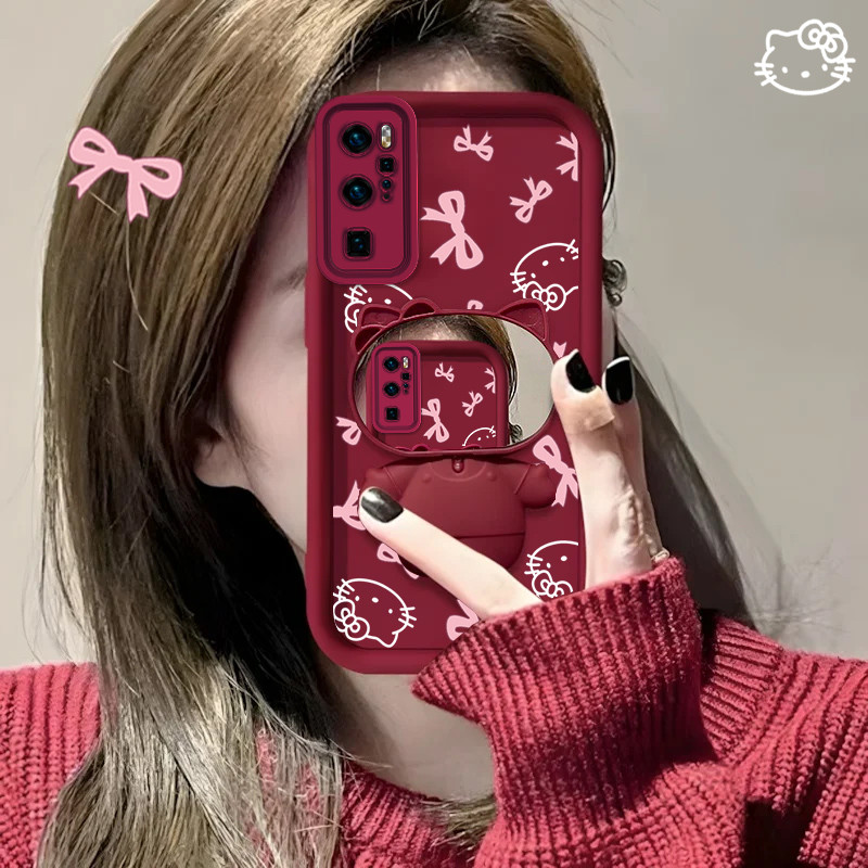 Ốp Lưng Cho Huawei P20 P20 PRO P20 PLUS P30 P30 PRO Vỏ Mềm KT Mèo Xoay Gương Trang Điểm Có Dây Nơ