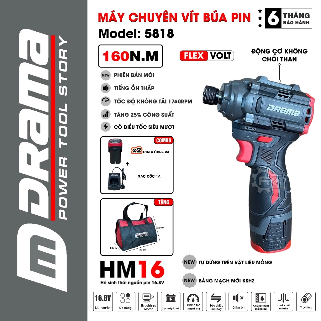 Máy chuyên vít búa pin DRAMA FLEX 5818, 160Nm, Không Chổi Than, Tặng 1 túi vải