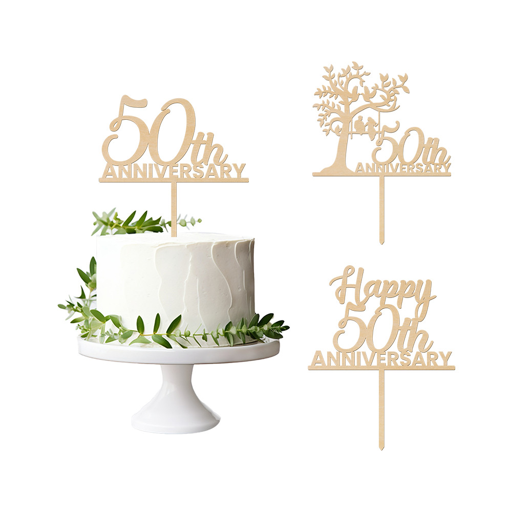 Happy 50th Anniversary Cake Topper in Wood 50 Trang trí bánh kỷ niệm đám cưới