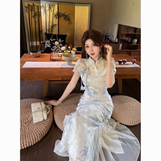  Váy sườn xám hoa cách tân ngắn tay cổ tàu thiết kế giả 2 mảnh phong cách Trung Quốc ngọt ngào 