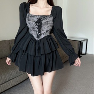 đầm đen dự tiệc tùng phồng đi biển dài tay thanh lịch đầm nàng thơ prom hack dáng ngắn váy liền thân