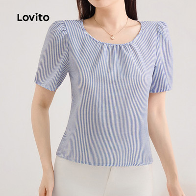 (thanh lịch) Lovito Áo sơ mi xếp ly kiểu bên phối sọc  đơn giản  phù hợp mùa xuân/hè  màu xanh nhạt L143ED002