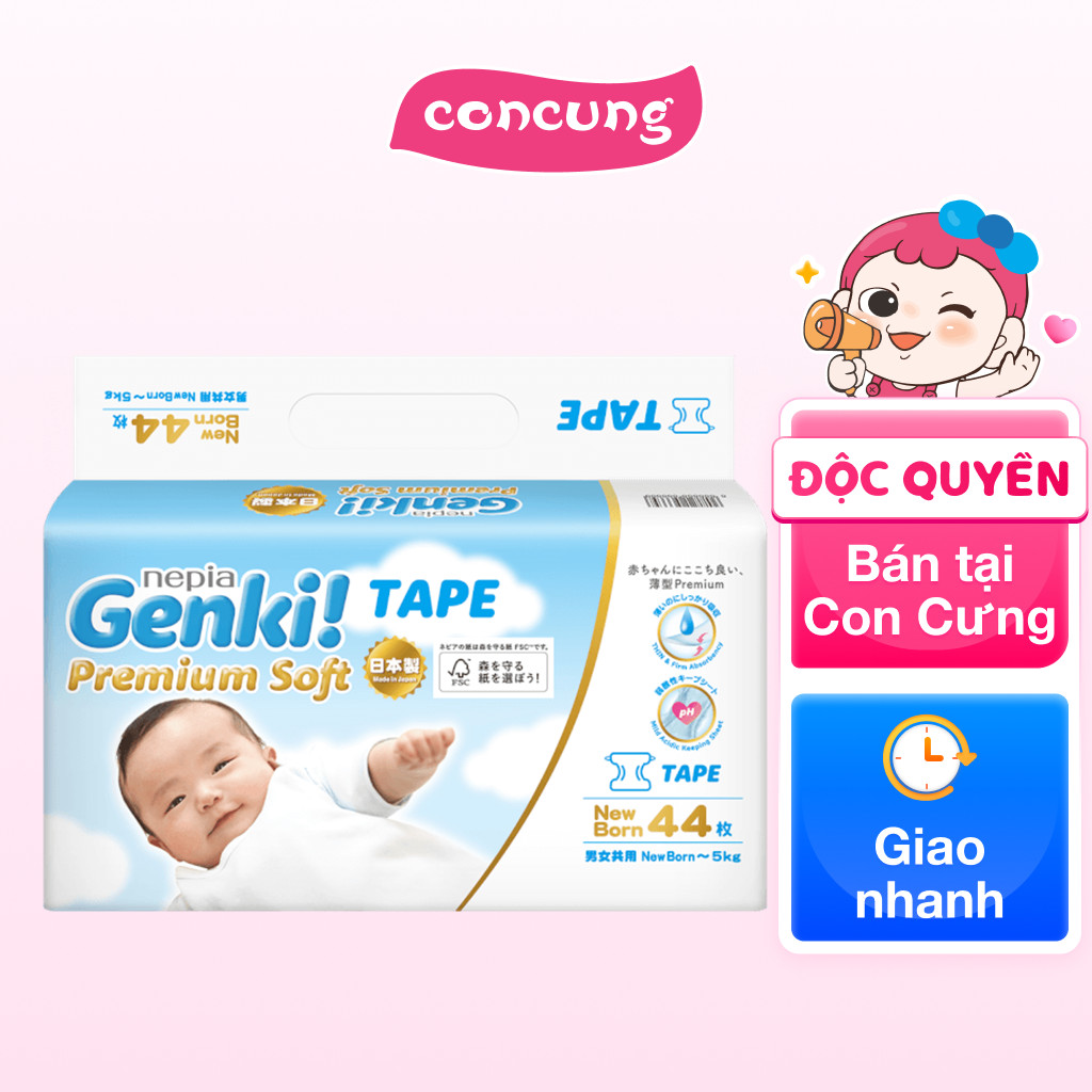  Bỉm tã dán Nhật Bản cao cấp Genki Newborn 44 miếng - concung 
