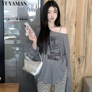 Áo thun nữ JUNNOVGAL màu trơn in mờ lệch vai 2024 Phong cách mới dài tay dáng rộng vừa vặn GM2462TRQ