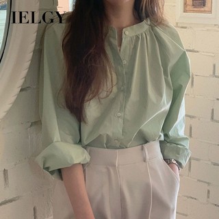 IELGY Áo sơ mi cổ tròn phong cách ngọt ngào dành cho nữ áo dài tay màu hồng