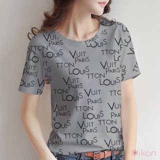 Áo thun ngắn tay cổ tròn in hình chữ lồng dáng rộng giản dị dành cho nữ