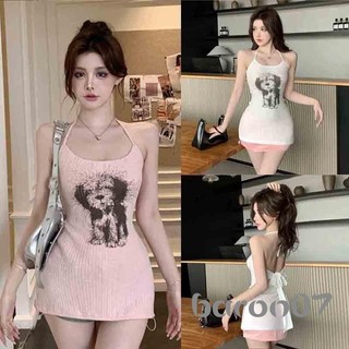 Đầm dây cổ không tay hở lưng in hình chó Bodycon Dress Clubbing Dress