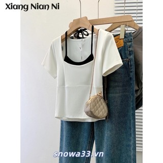 Xiang Nian Ni Giả Hai Mảnh Dây Cổ Vuông Tay Ngắn Dệt Kim Áo Thun Nữ Mới Không Đều Thiết Kế Mỏng Top