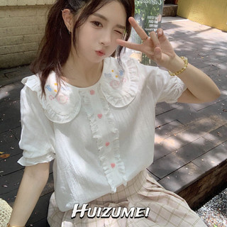 Áo sơ mi nữ HUIZUMEI cổ búp bê thêu ngọt ngào và dễ thương phong cách mới áo tay phồng