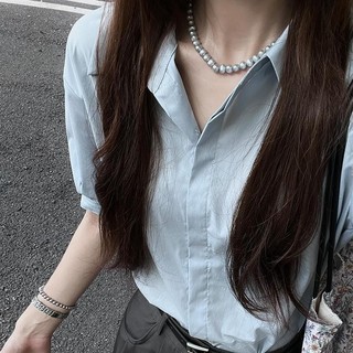 Yuewen Pháp Cao Cấp Màu Xanh Áo Sơ Mi Ngắn Tay Nữ Phong Cách Mùa Hè Chống Nắng Đi Làm Áo Sơ Mi Nhẹ Trưởng Thành Hàng Đầu