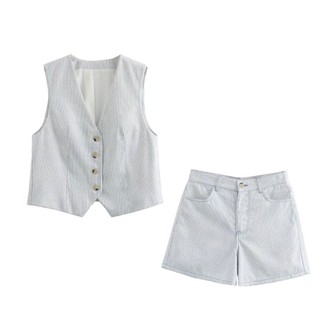 Áo Vest sọc cổ chữ V thời trang Uibey + Quần short thời gian giải trí 10551