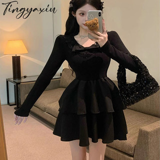 Tingyaxiu Đầm Nữ Phong Cách Thảo Mộc Nơ Dài Tay Đầm Cao Cấp Giảm Béo Bánh Váy pommel Váy
