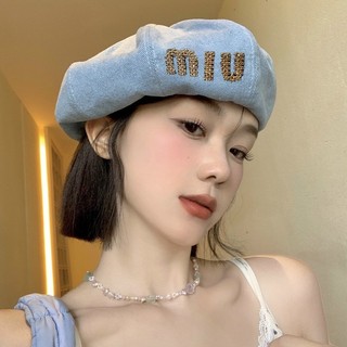 Mismemo Nhật Bản Kim Cương Giả ins Tiếng Anh Beret Nữ Phù Hợp Với Khuôn Mặt Thường Ngày Nhỏ Đường Phố Họa Sĩ Mũ Denim Beret