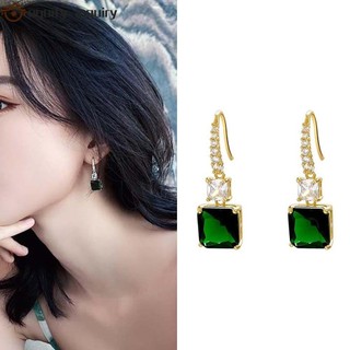Khuyên tai đính đá vuông xanh lá dáng dài thời trang