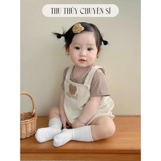 Sét yếm phối áo cho bé gái , yếm cho bé ga, sét áo + yếm thêu gấu màu be dễ thương mix áo tăm gân mềm mát