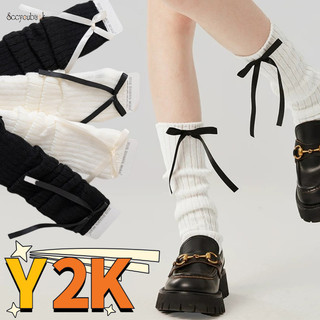 Y2k Nữ Nơ Ruy Băng Chân Ấm Áp Nhật Bản Gothic Ruffle Tất Dài Thu Đông Len Dệt Kim Móc Cánh Tay Tay Bao Chân Ngọt Ngào JK Boot Cuff