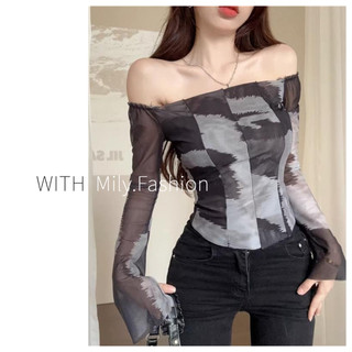 Áo Thun Tay Dài Lệch Vai Dáng Ngắn Mỏng Màu Nhuộm Phong Cách Mỹ Thời Trang Mùa Hè Dành Cho Bạn Nữ