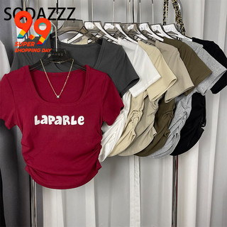Sodazz Hàn Quốc Dongdaemun Thiết Kế Cảm Giác Hai Mặt Eo Nẹp Xếp Ly Cổ Vuông In Chữ Tay Ngắn Phù Hợp Với Hàng Đầu