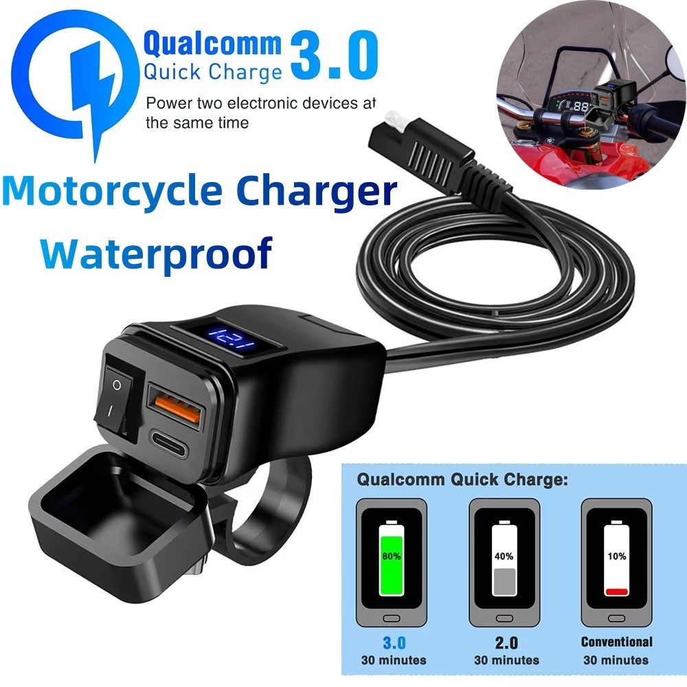 Bộ sạc xe máy QC3.0 USB kép Bộ sạc nhanh Bộ chuyển đổi nguồn Ổ cắm có công tắc Vôn kế kỹ thuật số chống nước Phụ kiện Moto