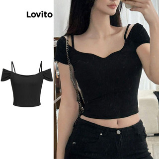 Lovito Áo thun thường ngày trơn lạnh vai cho nữ L95ED008